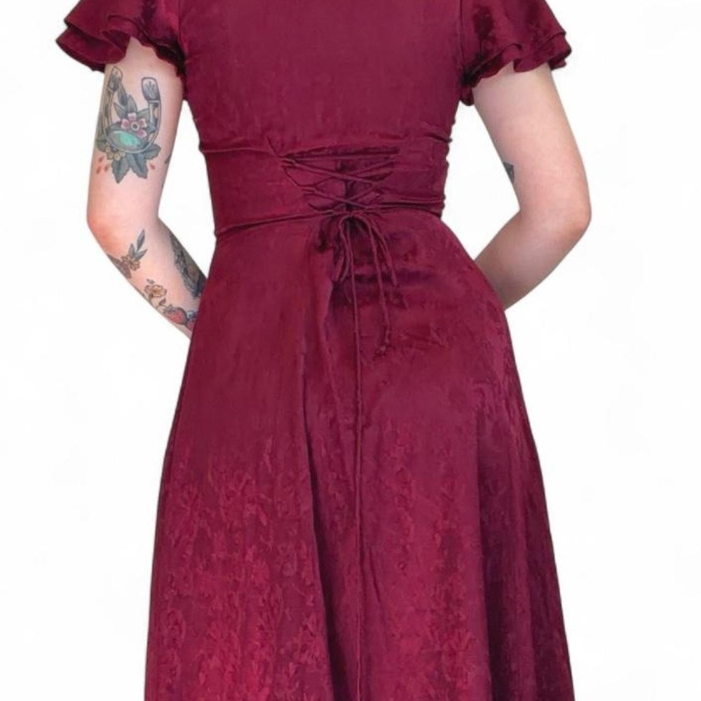 Vintage 80s Whimsigoth Burgundy Corset Dress - Picture 4 of 8